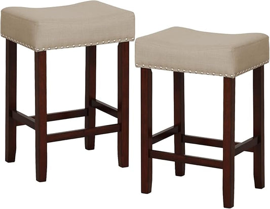 COSTWAY Counter Height Bar Stools Set of 2, 25-inch Backless Saddle Stools with Nailhead Trim, Rubber Wood Frame, Footrest, Max Load 330 Lbs, Upholstered Barstools for Kitchen Island Pub, Beige
