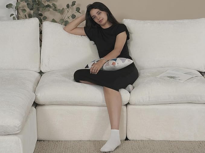 EASE MOOSE Oversized Cloud Couch Sectional Sofa, L-Shaped Modular Couch for Living Room, Minimalist Boneless Convertible Couches, 5-Seat Deep Sofas for Bedroom, Chenille (White)