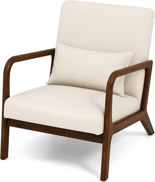 KOMFOTT Mid-Century Modern Accent Chair, Indoor Living Room Leisure Chair with Cushioned Seat & Back, Upholstered Armchair with Rubber Wood Frame & Lumbar Pillow, Lounge Chair for Bedroom, Beige