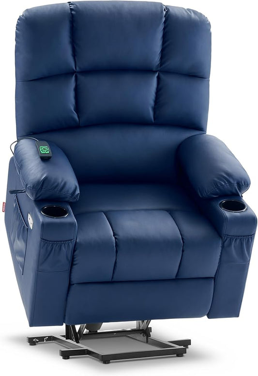 MCombo Medium Lay Flat Dual Motor Power Lift Recliner Chair Sofa with Massage and Heat for Elderly People, Infinite Position, Faux Leather 7679 (Navy Blue, Medium)
