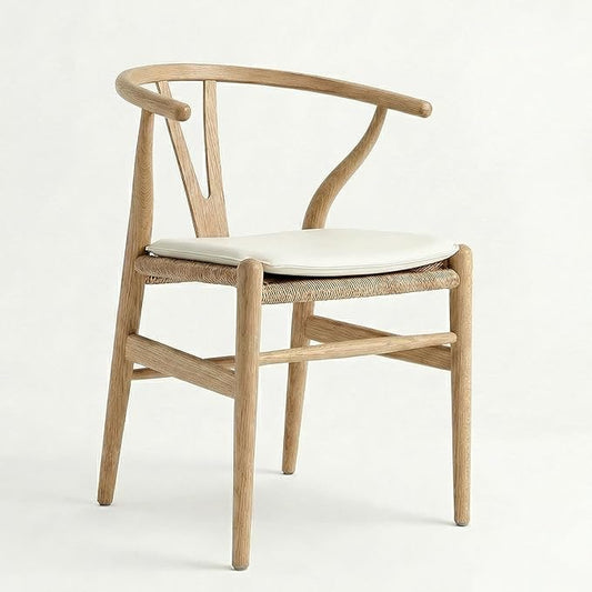 Tomile Wishbone Dining Chair with Arms, Modern Wood Chair Featuring a White PU Cushion on Woven Hemp Seat, Sturdy Wood and Y-Shaped Backrest, Fully Assembled for Kitchen & Dining (Ash Wood - Natural)