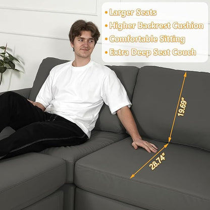 EASE MOOSE Oversized Modular Sofa with Deep Seat,Leather Sectional U Shaped Couch for Living Room,Comfy Scratch Resistant Faux Leather Material,Modern Sofas with Ottoman,Grey