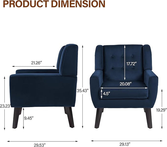 Lumibee Accent Chairs Set of 2, Velevet Fabric Armchairs for Living Room, Comfy Upholstered Arm Chairs Tufted for Indoor Bedroom Office Room (Royal Blue Velvet)