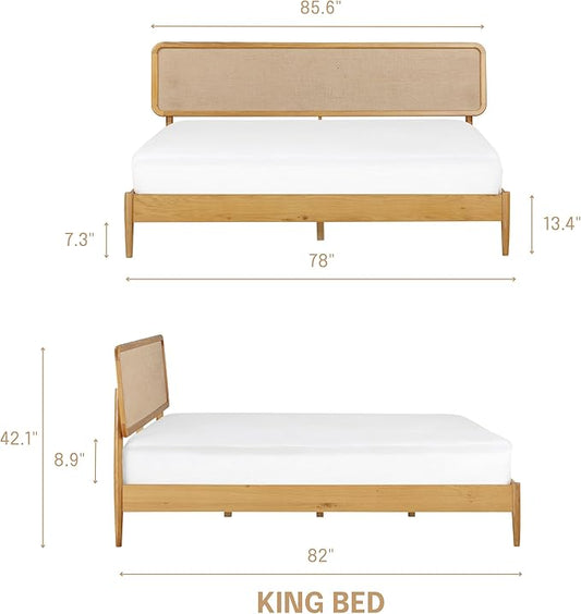 NTC Lupin Wooden Bed Frame with Headboard, Solid Oak and Rubber Wood Foundation with Silent Slats and Wood Central Supports, 1000 Lb Capacity, Effortless Assembly, King - Rustic Oak
