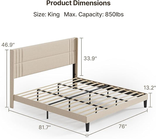 Gizoon King Bed Frame with Wingback Headboard, Upholstered Platform Bed with Modern Geometric Headboard, Wooden Slats, Noise-Free, No Box Spring Needed