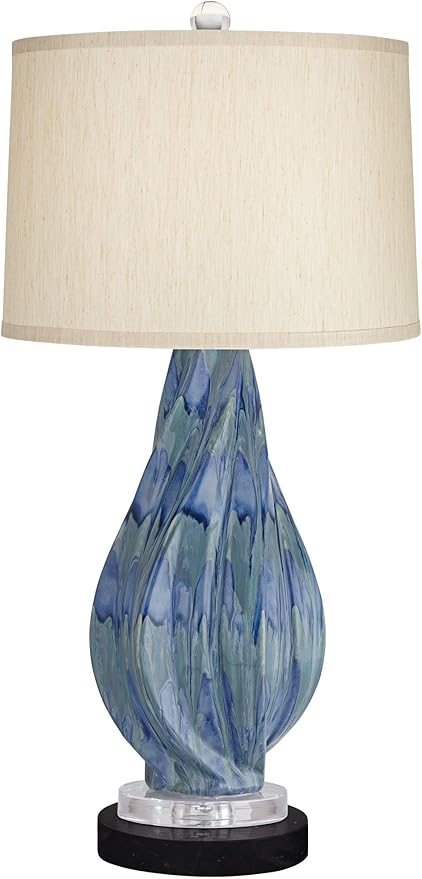 Possini Euro Design Teresa Modern Coastal Table Lamp 31" Tall with Round Black Marble Riser Teal Ceramic Beige Drum Shade for Bedroom Living Room Nightstand Bedside Night Stand Office Kids Room