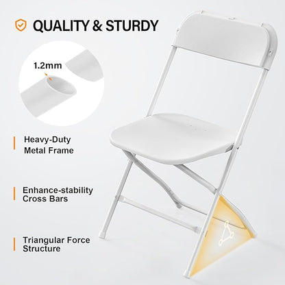 VINGLI 4 Pack White Plastic Folding Chair, Indoor Outdoor Portable Stackable Commercial Seat with Steel Frame 350lb. Capacity for Events Office Wedding Party Picnic Kitchen Dining