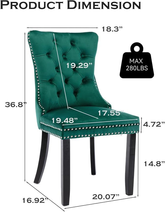 Velvet Upholstered Dining Chairs Set of 2, Modern Style Kitchen Side Chairs with Nailhead Trim and Wood Legs,Metal Pulling Ring for Dining Room Living Room