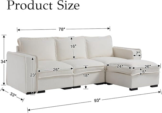 EALSON 93" Modular Sectional Sofa Comfy Cloud Couch with Ottoman Modern Convertible L Shape Couches with Wooden Legs Linen Deep Seat Couch 4-Seater Sofa for Living Room/Apartment, White