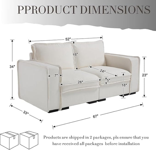 Modern Sectional Sofa for Living Room, Upholstered 2-Seater Modular Couches Linen Fabric Love Seat for Home Furniture, White