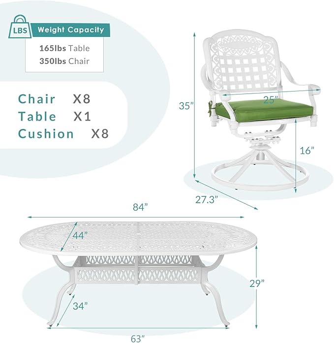 MEETWARM 9-Piece Outdoor Patio Dining Set, All-Weather Cast Aluminum Patio Conversation Set with 8 Cushioned Swivel Rocker Chairs for Backyard Garden Deck, 1 Oval Table, 2" Umbrella Hole, White