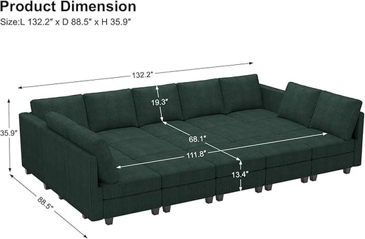 Belffin Large 15 Seat Modular Sectional Sofa with Storage Seat Corduroy Sleeper Sectional Sofa Bed Oversized Convertible Modular Couch for Living Room Green