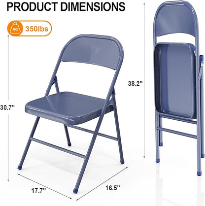 VINGLI Folding Chairs All Steel Metal Frame, Capacity 350 lbs, Durable Portable and Versatile for Indoor Outdoor Use, Darkblue, Set of 8