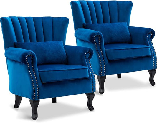 Accent Reading Arm Chairs Set of 2 Midcentury Modern Comfy Corner Sofa Chair, Wingback Waiting Room Club Chair with Tufted Back for Living Room/Bedroom/Reception Room, Velvet Blue