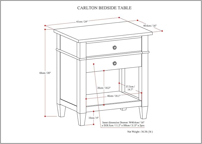 SIMPLIHOME Carlton Bedside Table - 24 inch Wide Solid Wood Nightstand Table in White, Transitional Bedroom Side or End Table with 2 Drawers, Open Storage Shelf and Bronze Hardware