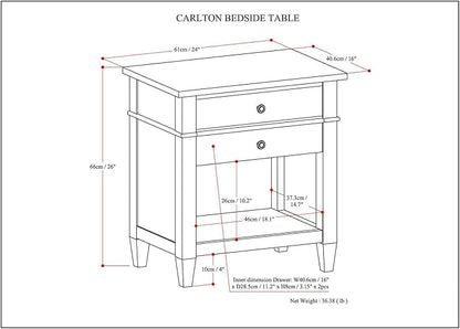 SIMPLIHOME Carlton Bedside Table - 24 inch Wide Solid Wood Nightstand Table in White, Transitional Bedroom Side or End Table with 2 Drawers, Open Storage Shelf and Bronze Hardware