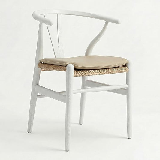 Tomile Wishbone Dining Chair with Arms, A Clean White PU Cushion Included on Handwoven Seat, Modern Mid-Century Y-Chair Crafted from White Ash Wood, Ideal for Dining Room Chairs Set (Ash Wood - White)
