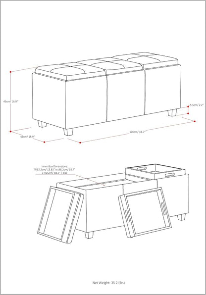 SIMPLIHOME Avalon 42 inch Wide Contemporary Rectangle Storage Ottoman in Cloud Grey Linen Look Fabric, Assembled, for the Living Room, Entryway and Family Room