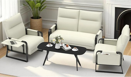 Faux Leather Sectional Couches for Living Room 3 Piece Loveseat and Chair Set with Flip Up Tray Tables Side Pockets Modern Modular Sectional Sofa for Office (2-Seat+1-Seat+1-Seat, Beige)