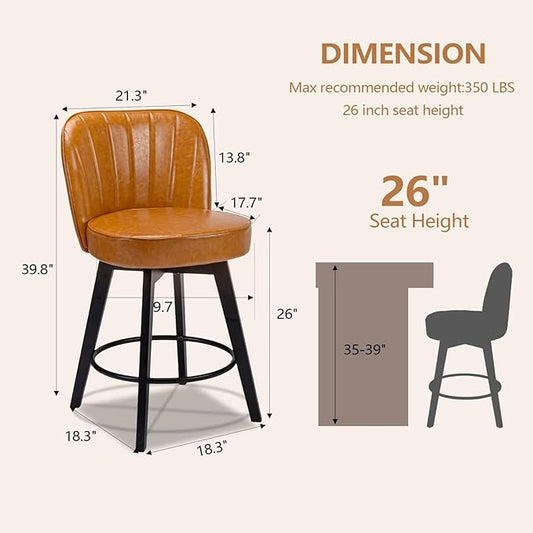 MINCETA Bar Stools Set of 2, PU Leather Barstools, 26 Inch Upholstered Counter Stools with Backrest and Footrest, Swivel Counter Height Barstools for Kitchen Island Home Bar Light Brown