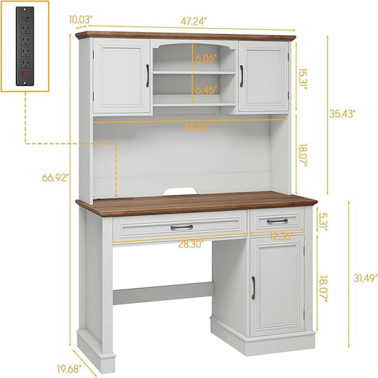 Vabches Farmhouse 47" Executive Desk with Hutch, 2 Drawers and LED Light, Computer Desk with Storage Cabinet and Charging Station,Workstation for Home Office and Study.Unique White