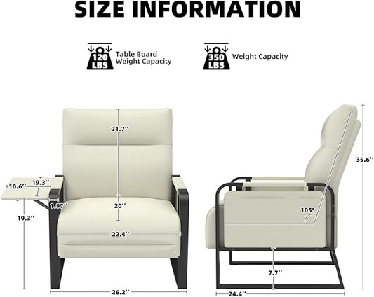 Upholstered Accent Chair, Modern Faux Leather Sofa Chair with Foldable Side Tray Table & Storage Pocket, Small Accent Sofa for Living Room, Bedroom, Reception Room, Beige