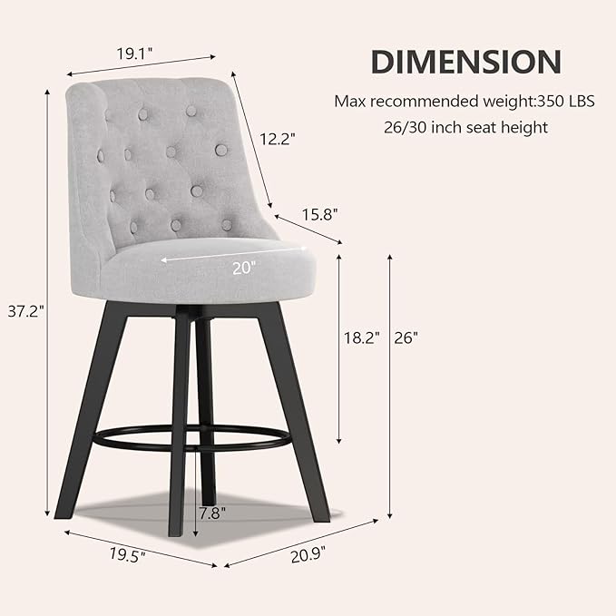 MINCETA Set of 4 Upholstered Bar Stools - 26 Inch Swivel Counter Height Stools with Low Tufted Back, Footrest & Performance Fabric - Round Seat for Kitchen Island & Home Bar Gray and Beige