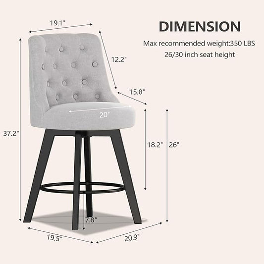 MINCETA Set of 4 Upholstered Bar Stools - 26 Inch Swivel Counter Height Stools with Low Tufted Back, Footrest & Performance Fabric - Round Seat for Kitchen Island & Home Bar Gray and Beige
