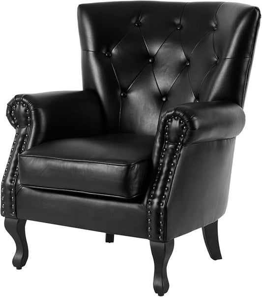 Modern Faux Leather Accent Chair, Upholstered Mid-Century Armchair with Solid Wood Legs, Single Sofa Chair for Living Room, Bedroom, or Reading Room（Black）