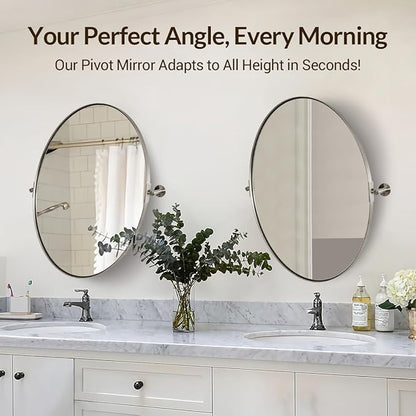 ANDY STAR Brushed Nickel Bathroom Mirror, 24 x 32 Inch Oval Pivot Mirror for Wall, Unique Farmhouse Tilt Mirror in Slim Silver Stainless Steel Metal Frame for Bedroom, Powder Room