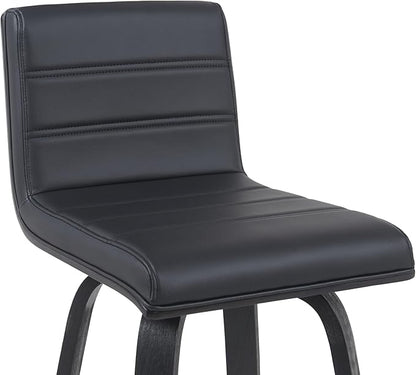 Vienna Modern Swivel Bar Height Stool with Black Faux Leather Seat and Black Brushed Wood Frame Set of 2