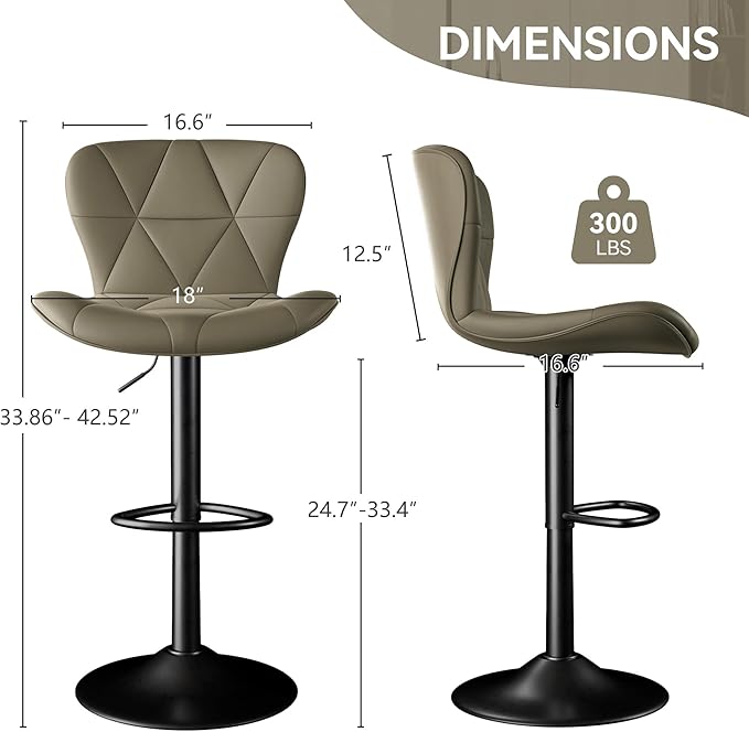Bar Stools Set of 2,Adjustable Swivel Barstools, Faux Leather Bar Chairs,Upholstered Counter Height with High Backrest for Kitchen Island, Dark Khaki