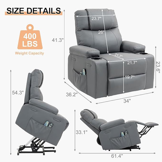 Power Lift Recliner Chair for Elderly, Electric Stand Assist Reclining Chair with Massage and Heat Function, Leather Living Room Furniture, Comfy Single Sofa with Cup Holders, Side Pockets, Gray