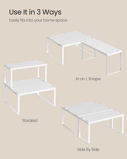 SONGMICS Spice Racks, Set of 2 Metal Cabinet Shelf Organizers, Countertop Organizers, Shelf Risers, Stackable, Expandable, White UKCS005W01