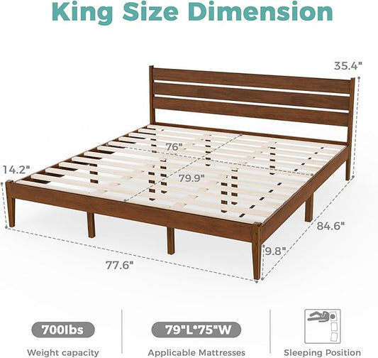 King Bed Frame and Ladder Headboard, Solid Wood Bed Frame with Storage, Malaysian Oak Platform Beds with Wooden Slats, No Box Spring Needed, Easy Assembly, King Size, Antique Espresso