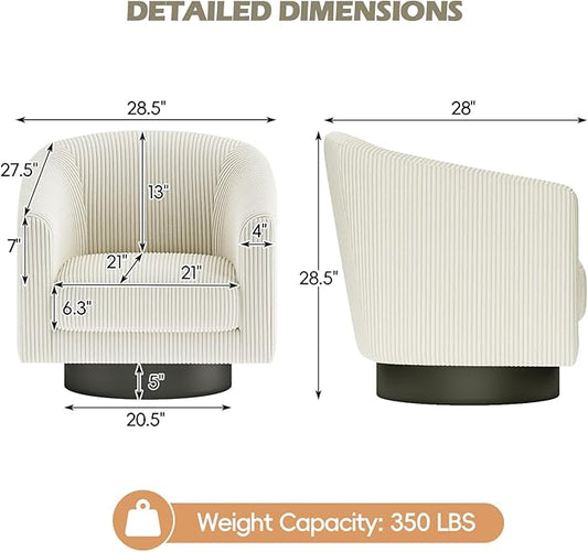 360° Swivel Accent Chairs, Modern Bucket Chair, Corduroy Barrel Armchair, Comfy Boucle Chair, Single Sofa for Living Room Bedroom. Cream White