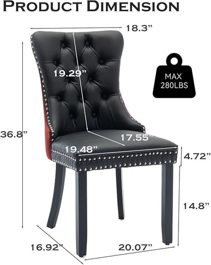 Leather Upholstered Dining Chairs Set of 4, Modern Style Kitchen Side Chairs with Nailhead Trim and Wood Leg, Metal Pulling Ring for Dining Room Living Room(Black&Wine Red)