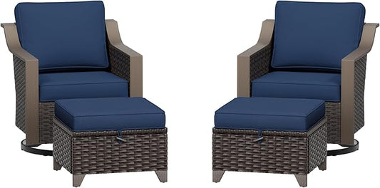 Patio Metal Wicker Swivel Chairs with Ottomans Set of 2, Conversation Furniture Set - 360 Degree Glider Rocker Chairs | 2 Wicker Ottomans, Washable Cushions, Metal armrests (Navy Blue)