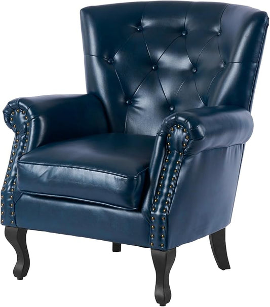 Modern Accent Chair, Mid-Century Faux Leather Armchair with Solid Wood Legs, Single Sofa Club Chair for Living Room, Bedroom, Leisure Room, Reading Room(Navy)