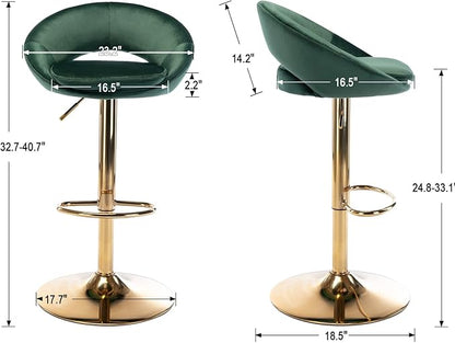 CIMOO Velvet Swivel Bar Stools Set of 2 with Open Back, Upholstered Adjustable Bar Height Bartools Modern Counter Height Barstools Island Chairs with Gold Legs for Kitchen/Home Bar/Pub, Green