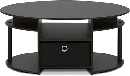 Furinno Jaya Simple Design Oval Coffee Table with Bin for Living Room, Walnut