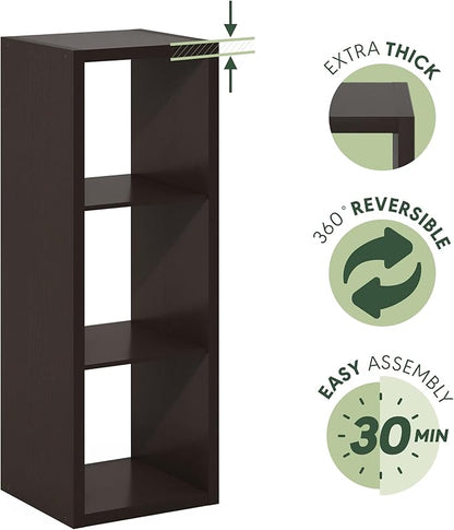 Furinno Cubicle Book Shelf, 3-Cube Thick Frame Bookshelf, Horizontally & Vertically Reversible Bookcase with Open Back, 14.6 x 15.9 x 44, for Living Room, Bedroom, Home Office, Black Dark Oak