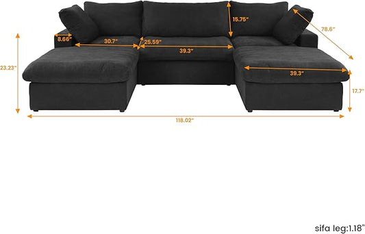 Cloud Modular Sectional Sofa Couch,120.45" U Shaped Convertible Couches with Storage Ottoman for Living Room,Minimalist Deep Sofa Couches,Sofa Covers Washable&Replaceable(Black)