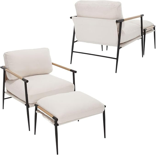 LukeAlon Mid-Century Chenille Accent Chairs with Ottoman Set of 2, Soft Living Room Chairs with Metal Legs Modern Upholstered Armchairs Lounge Chair with Footstool for Bedroom Reading Room, Beige
