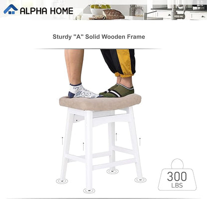ALPHA HOME Bar Stools Set of 2, Solid Wood Saddle Kitchen Stools with Beige PU Leather Cushion Counter Height Barstools with Wooden Base for Kitchen Dining Cafe, 24 Inch, Beige, 2PCS