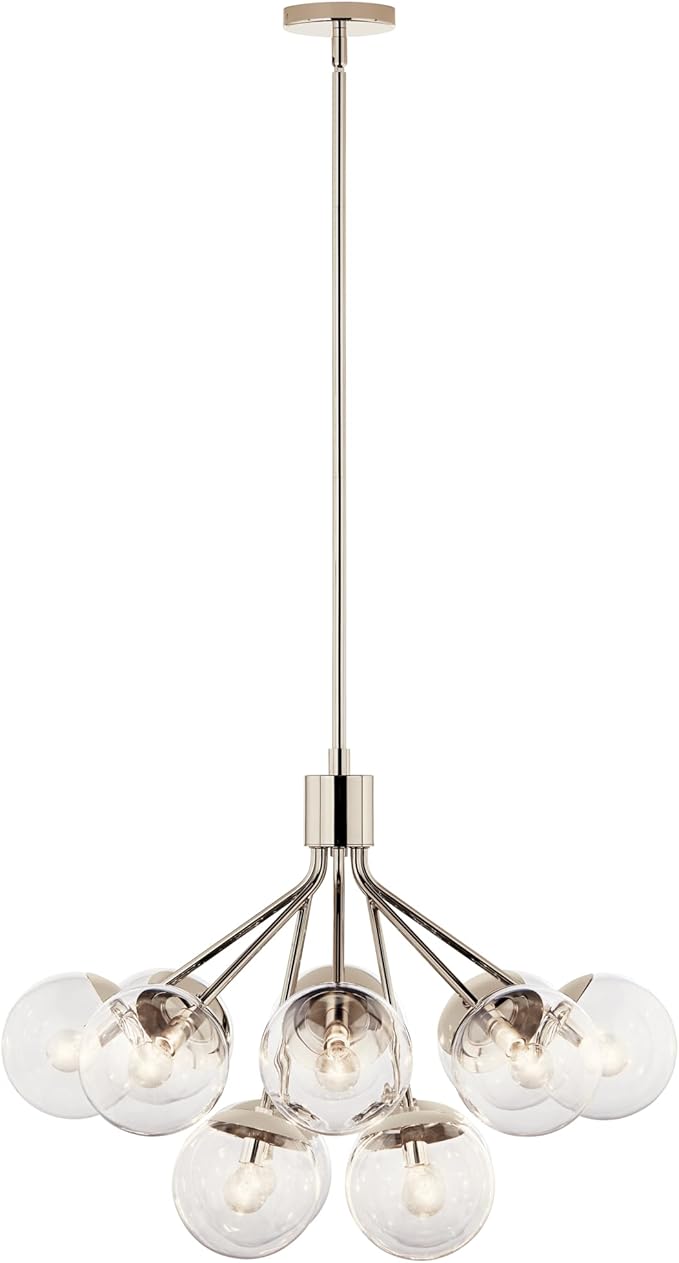KICHLER Silvarious 12-Light Convertible Chandelier, Soft Modern Light with Clear Glass in Polished Nickel, for Dining Room, Living Room, Bedroom or Foyer (22.25" x 30"), 52701PNCLR