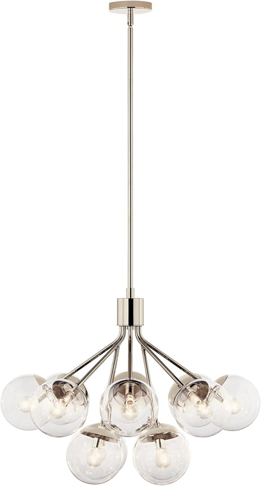 KICHLER Silvarious 12-Light Convertible Chandelier, Soft Modern Light with Clear Glass in Polished Nickel, for Dining Room, Living Room, Bedroom or Foyer (22.25" x 30"), 52701PNCLR