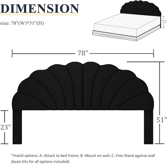 King Size Headboard Only, Petal Wall Mount Headboard King/California King Size for Adjustable Bed Velvet Upholstered Head Board Easy Assembly, Black