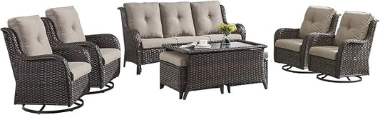 HUMMUH 8pcs Patio Furniture Set Outdoor Swivel Rocker Wicker Patio Chairs,Outdoor Couch with Coffee Table and Ottomans(Brown,Grey)