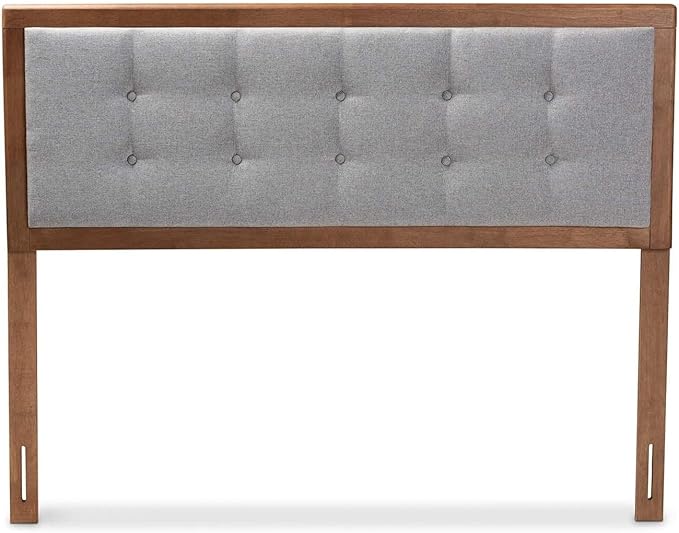 Mid-Century Marvel Fabric Upholstered Walnut Brown Finished Wood Headboard, Wall Mount Headboard Queen/Light Gray